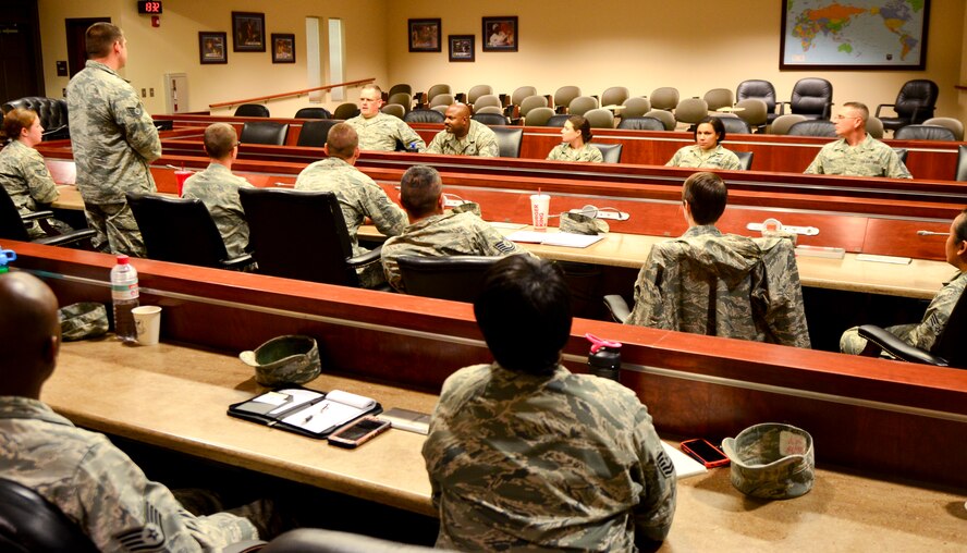 The Barksdale Chiefs’ panel talks to Airmen during the Year of the Leader Seminar on Barksdale Air Force Base, La., June 17, 2015. Airmen were given the chance to ask questions and receive feedback from the panel. (U.S. Air Force Photo/Airman 1st Class Mozer O. Da Cunha)
