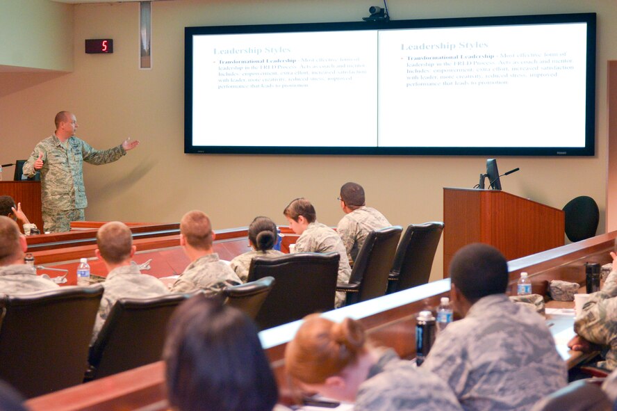 Master Sgt. Jonathan Liska, 26th Operational Weather Squadron flight chief, talks about full-range leadership during the Year of the Leader seminar on Barksdale Air Force Base, La., June 17, 2015. Liska talked about a range of leadership styles from management by exception to transformational leadership. (U.S. Air Force Photo/Airman 1st Class Mozer O. Da Cunha)