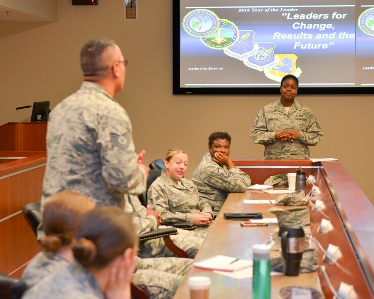 Master Sgt. Shemika Thompson, 26th Operational Weather Squadron assistant flight chief, talks to Airmen about leadership during the Year of the Leader seminar on Barksdale Air Force Base, La., June 17, 2015. The seminar offered Airmen the opportunity for professional development and mentorship. (U.S. Air Force Photo/Airman 1st Class Mozer O. Da Cunha)