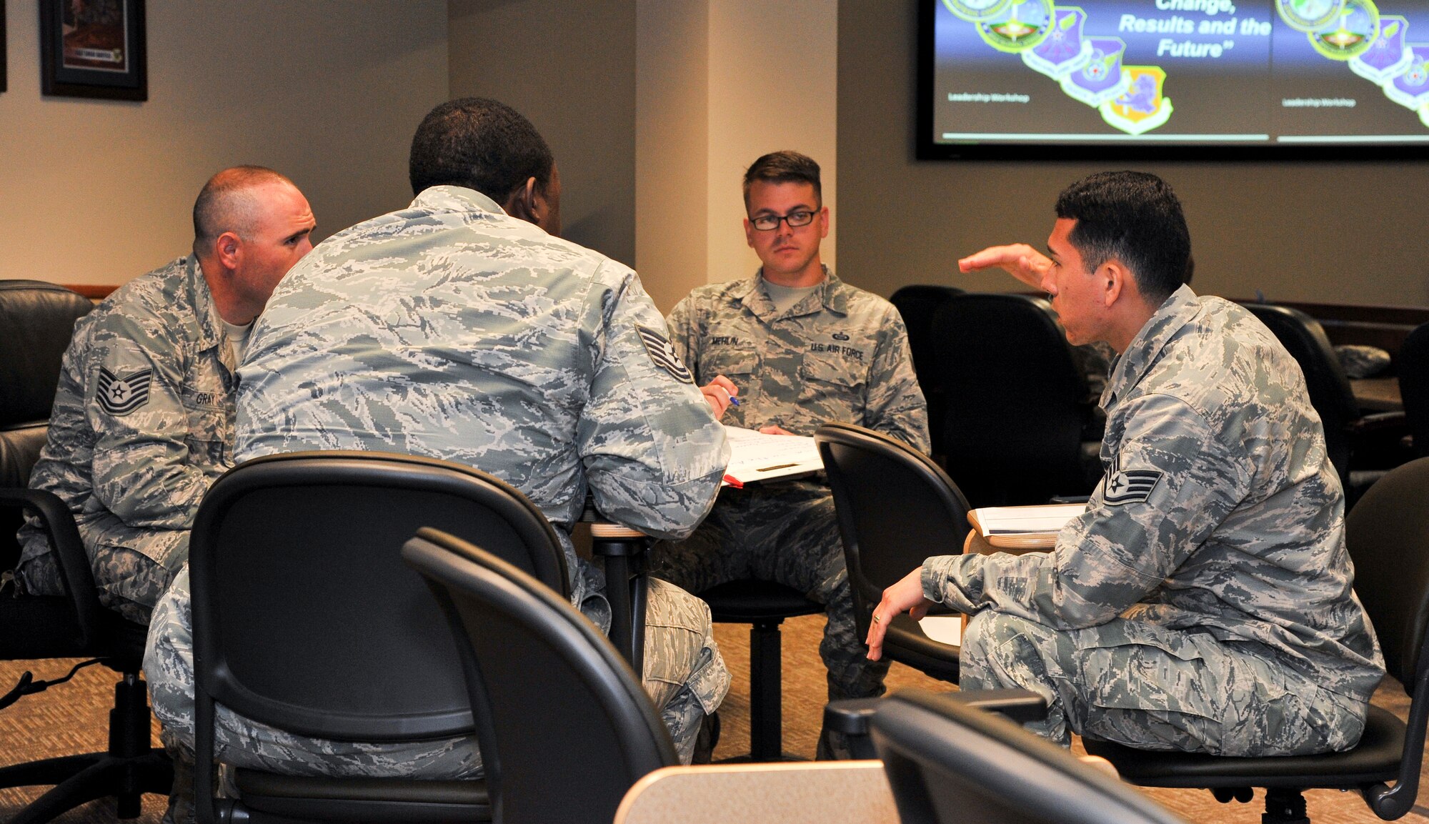 Barksdale Airmen participate in a team-building exercise during the Year of the Leader seminar on Barksdale Air Force Base, La., June 17, 2015. The seminar gave Airmen a chance to network and provided a variety of discussions on leadership.  (U.S. Air Force Photo/Airman 1st Class Mozer O. Da Cunha)
