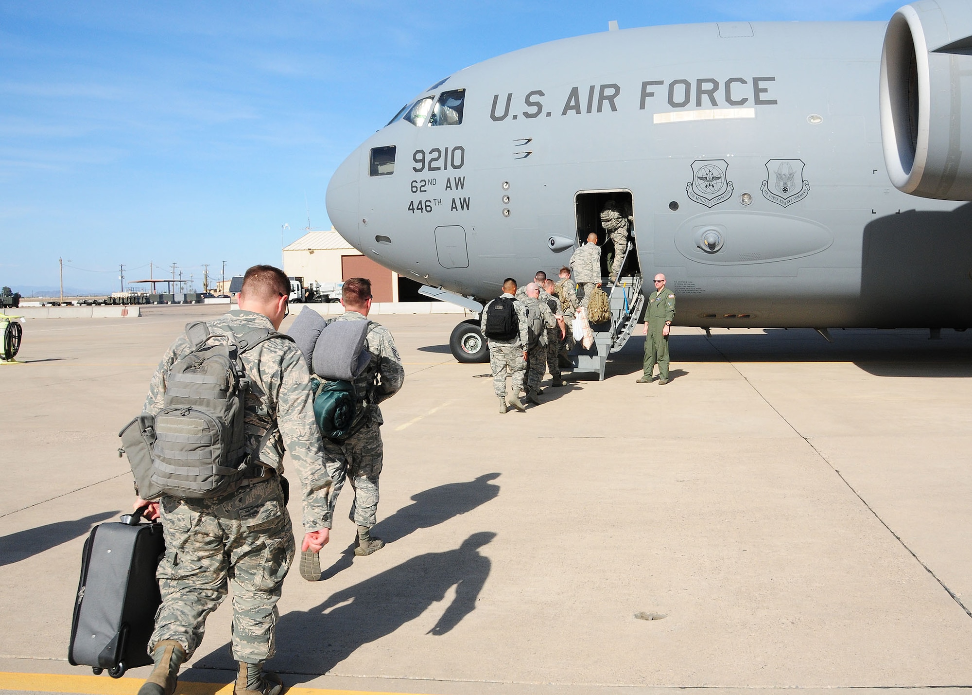 944th Fighter Wing Airmen load a C-17 aircraft bound for Ramstein Air Base, Germany May 30 to conduct their annual tour and support the 86th Airlift Wing. (U.S. Air Force photo taken by Tech. Sgt. Louis Vega Jr.)