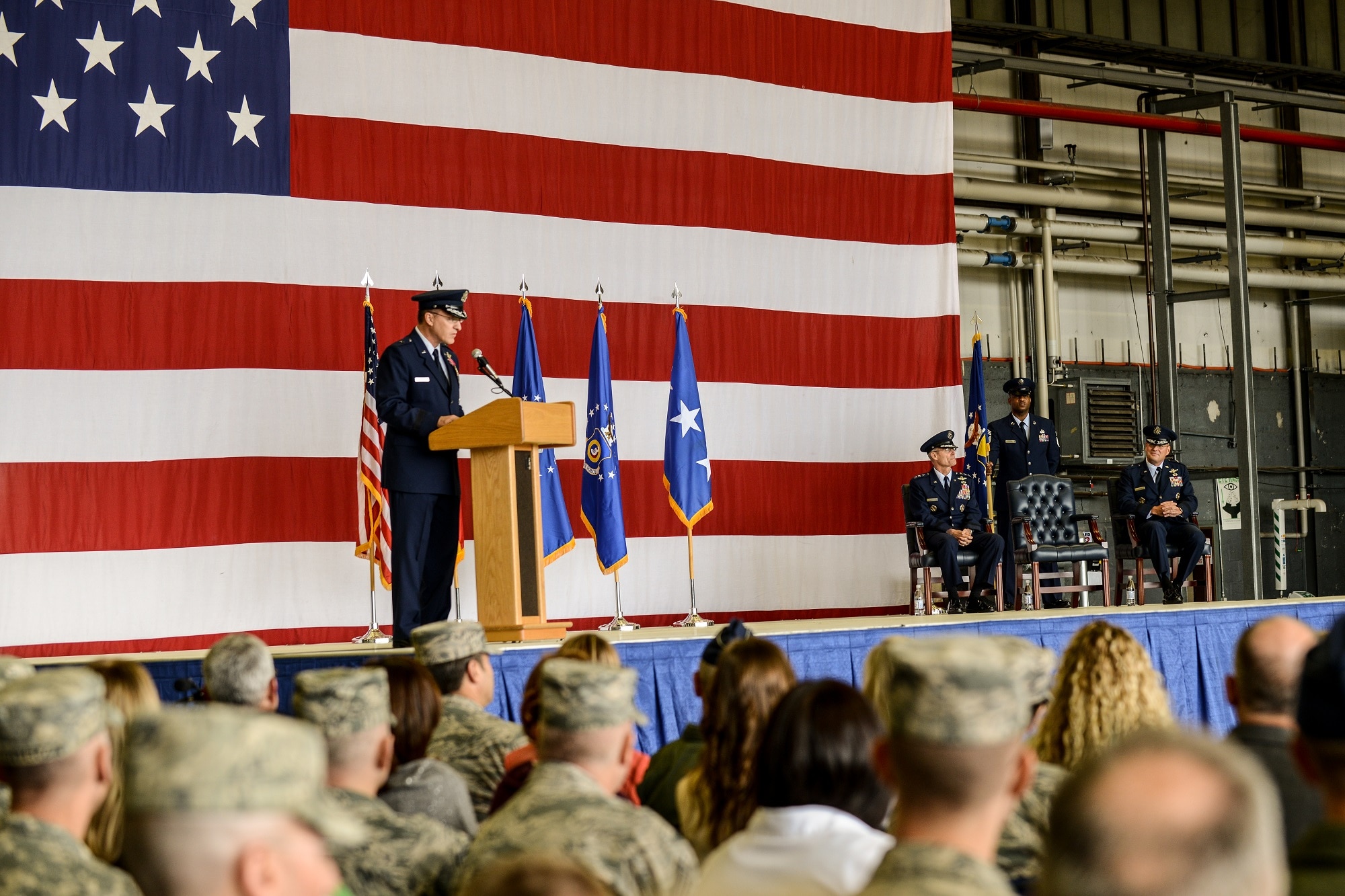 Brig. Gen. Patrick X. Mordente, 86th Airlift Wing outgoing commander, gives his closing speech during a change of command ceremony June 19, 2015, Ramstein Air Base, Germany.  Mordente passed the wing guidon to incoming commander, Brig. Gen. Jon T. Thomas, during the ceremony. (U.S. Air Force photo/Senior Airman Nicole Sikorski)