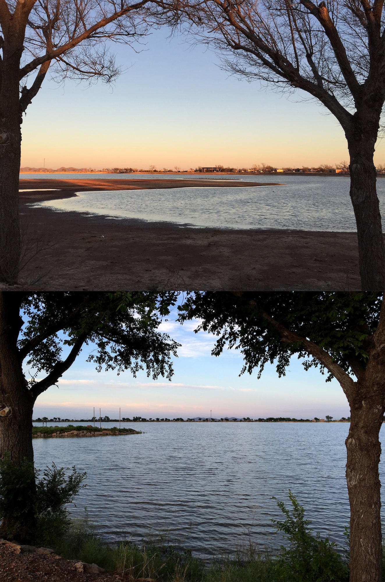 (Above) The sun sets at the Altus city reservoir during the drought, Feb. 9, 2015. (Below) The Altus city reservoir is filled with water, June 18, 2015. Altus has received 22.2 inches of rainfall in 2015, more than the entire last year, and releases from Tom Steed Reservoir have filled the reservoir. (U.S. Air Force photos by Staff Sgt. Nathanael Callon/Released)