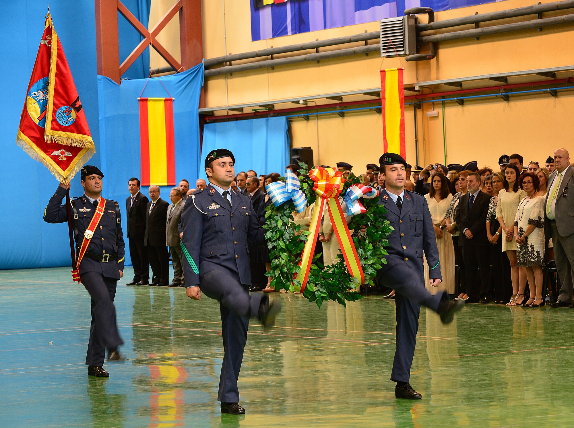 Members of the Spanish Armed Forces lay a wreath in honor of the 11 fallen French and Greek servicemembers during a medal presentation at Albacete Air Base, Spain, June 18, 2015. The ceremony included a moment of silence to remember their comrades who made the ultimate sacrifice. (U.S. Air Force photo by Staff Sgt. Stephanie Longoria/Released)