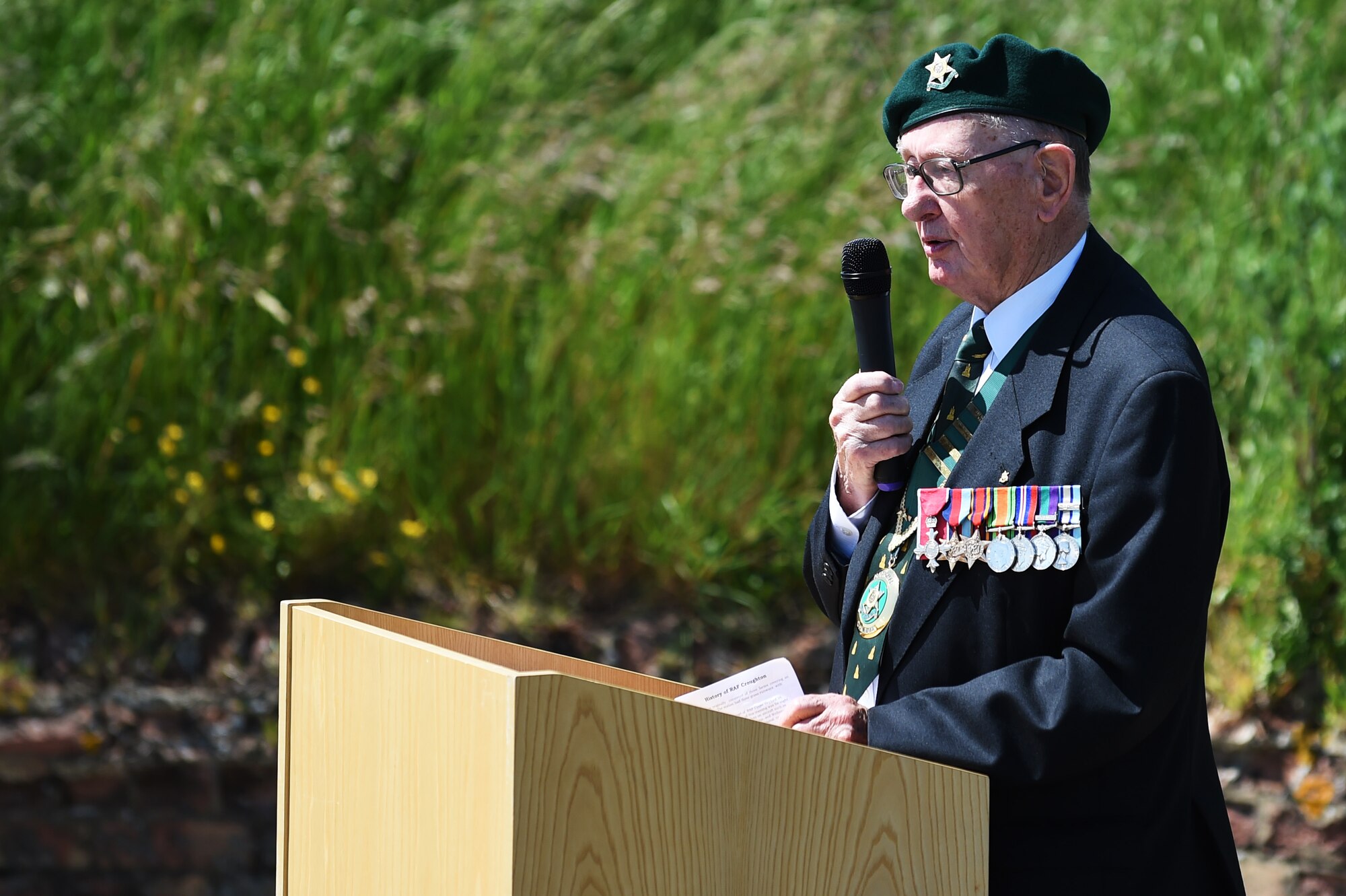 John Giddings, National Chairman of the Burma Star Association and World War II veteran, speaks during a World War II Appreciation Ceremony at RAF Croughton, United Kingdom, June 5, 2015. Giddings fought during the Kohima Battle, which has been regarded as “Britain’s Greatest Battle.” (U.S. Air Force photo by Staff Sgt. Jarad A. Denton/Released)