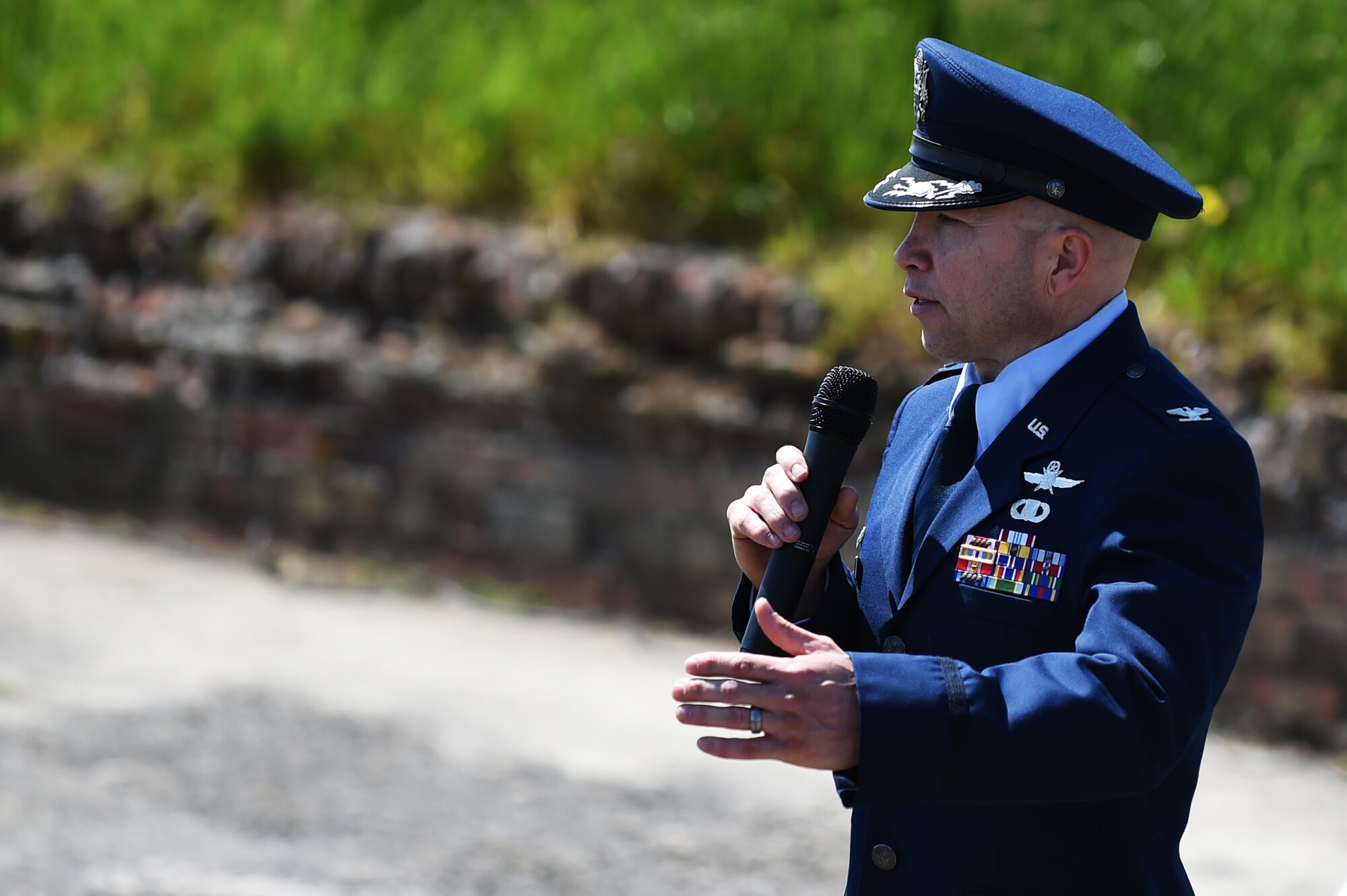 Col. Douglas Mellars, 422nd Air Base Group commander, delivers his opening remarks during a World War II Appreciation Ceremony at RAF Croughton, United Kingdom, June 5, 2015. Mellars said hearing and preserving the stories of veterans who fought in the conflict is of incredible importance. (U.S. Air Force photo by Staff Sgt. Jarad A. Denton/Released)