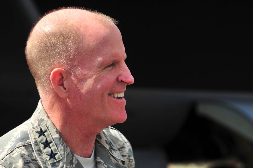 Lt. Gen. Stephen Wilson, Air Force Global Strike Command commander, visits with forward-deployed members at Royal Air Force Fairford, England, June 18, 2015. Wilson visited RAF Fairford to observe the forward-deployed forces performing their mission in the European area of operations during the BALTOPS 15 and Saber Strike 15 multi-national exercises and to answer questions from the Airmen. (U.S. Air Force photo/Senior Airman Malia Jenkins)