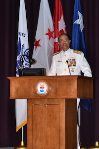 U.S. Navy Adm. Cecil D. Haney, U.S. Strategic Command commander, provides the keynote speech during the retirement ceremony in honor of U.S. Navy Vice Adm. Bruce E. Grooms, NATO Allied Command Transformation deputy chief of staff for capability development, in Hampton, Va., June 19, 2015. Haney presided over the ceremony, during which he thanked Grooms and his family for their dedication and service to the nation. USSTRATCOM is one of nine DoD unified combatant commands and is charged with strategic deterrence; space operations; cyberspace operations; joint electronic warfare; global strike; missile defense; intelligence, surveillance and reconnaissance; combating weapons of mass destruction; and analysis and targeting. (Photo courtesy of David E. McManaway, Joint Forces Staff College)