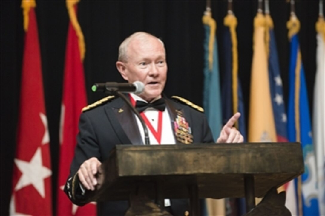 Army Gen. Martin E. Dempsey, chairman of the Joint Chiefs of Staff, delivers the keynote address during 1st Air Cavalry Brigade's military ball in Killeen, Texas, June 19, 2015. 