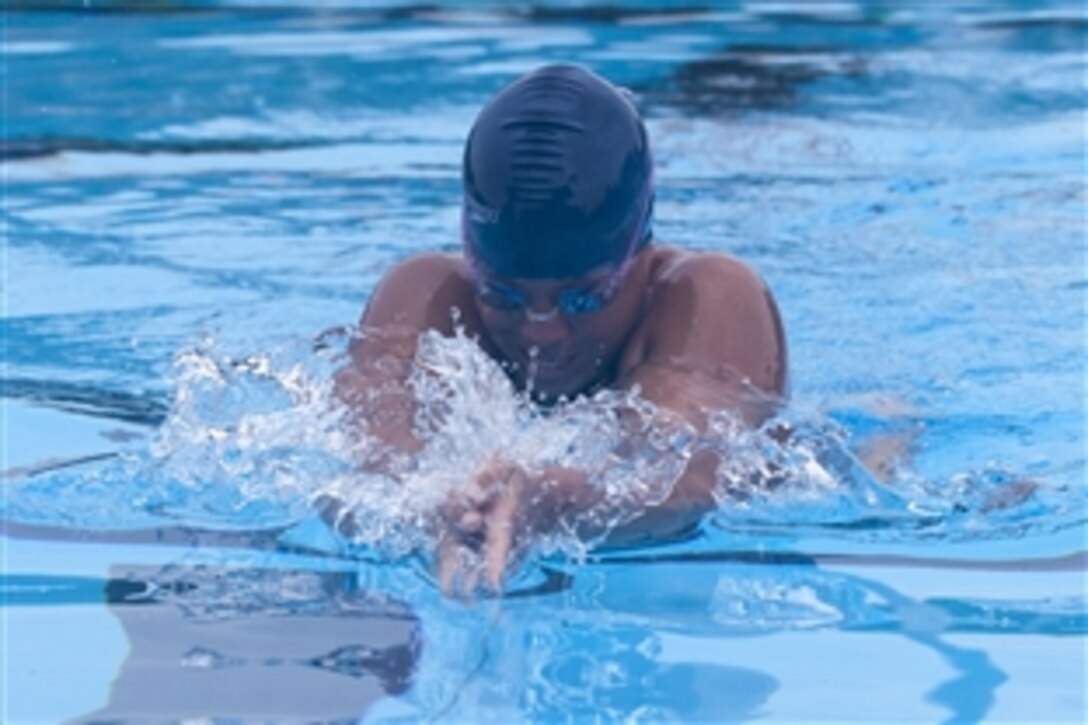 A member of the U.S. Army swim team practices during the 2015 Department of Defense Warrior Games on Marine Corps Base Quantico, Va., June 20, 2015. 