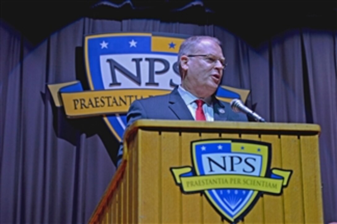 Deputy Defense Secretary Bob Work addresses the graduating class at the Naval Postgraduate School in Monterey, Calif., June 19, 2015. Work, who graduated from the school in 1990, said the American military must adapt to the changing world situation, and urged graduates to lead that change. 