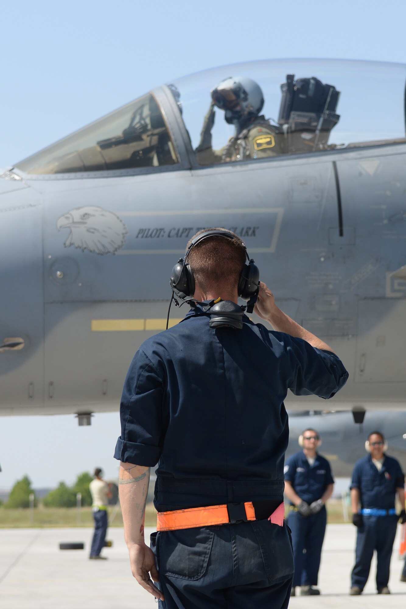 A 748th Aircraft Maintenance Squadron crew chief salutes a 493rd Fighter Squadron pilot during the last flying mission of Anatolian Eagle 15, June 18, 2015, at 3rd Main Jet Base, Turkey. Turkey hosted the two-week flying training exercise to improve joint flying operations between international coalition partners. (U.S. Air Force photo by Tech. Sgt. Eric Burks/Released)