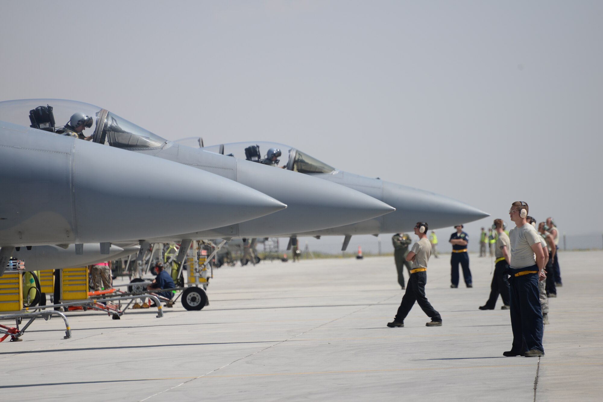 F-15 Eagle aircraft assigned to the 493rd Fighter Squadron, Royal Air Force Lakenheath, England, prepare to taxi to the runway during that last day of Anatolian Eagle 15, June 18, 2015, at 3rd Main Jet Base, Turkey. Approximately 250 personnel and 12 F-15 aircraft from the 48th Fighter Wing, Royal Air Force Lakenheath, England, participated in the multinational exercise. (U.S. Air Force photo by Tech. Sgt. Eric Burks/Released)