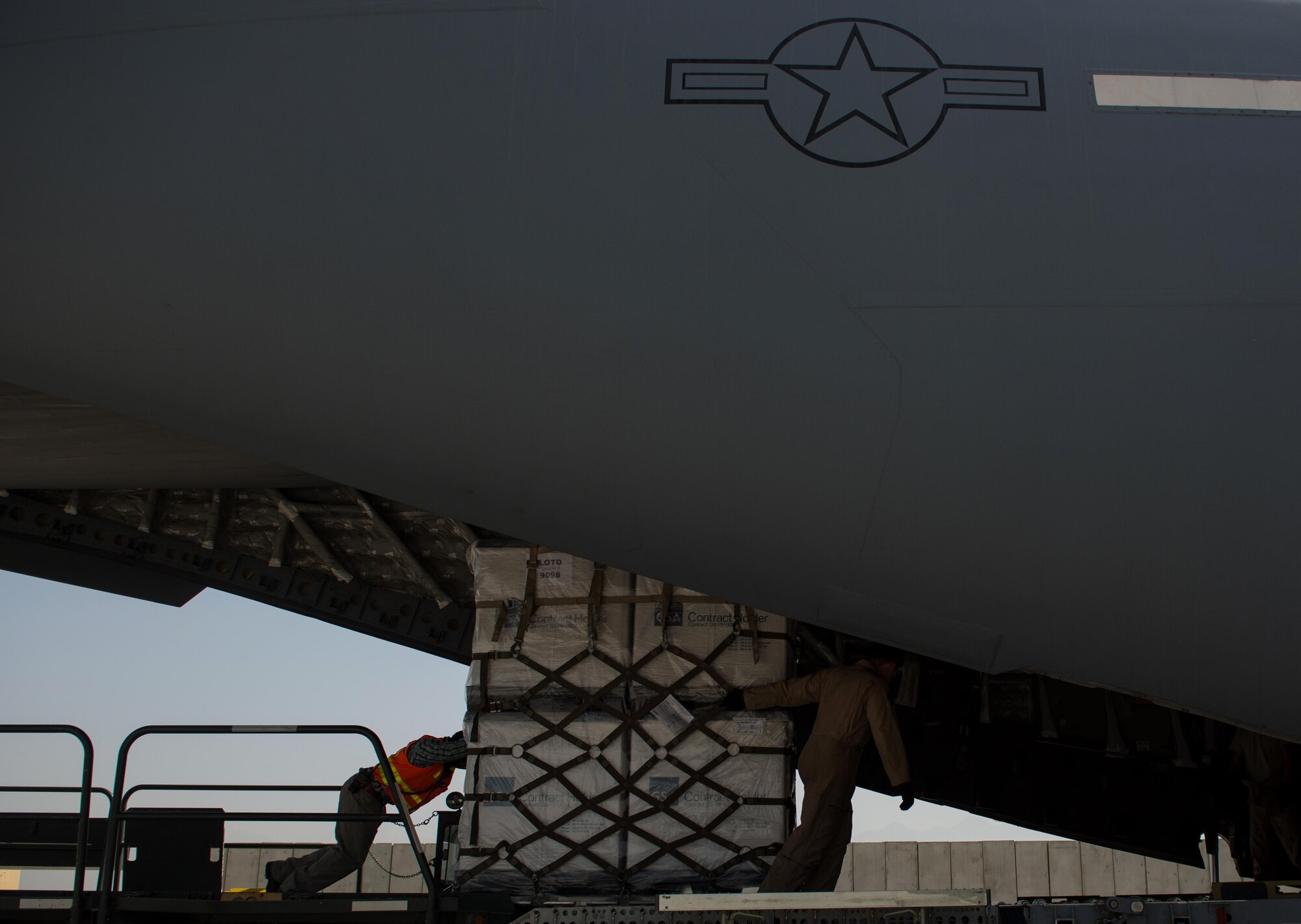 Cargo is loaded onto a U.S. Air Force C-17 Globemaster III aircraft at Bagram Airfield, Afghanistan, June 19, 2015. USAF cargo aircraft have transported 23,100 short tons of cargo throughout Afghanistan this year (U.S. Air Force photo by Tech. Sgt. Joseph Swafford/Released)