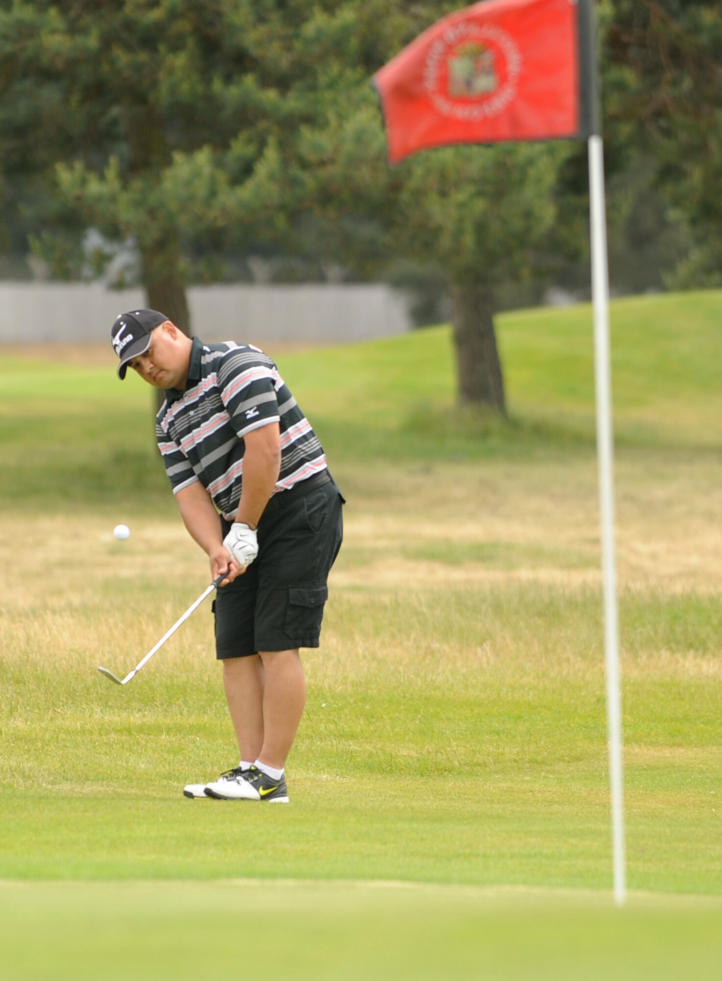 Richard Lewis, 352nd Special Operations Aircraft Maintenance Squadron MC-130J support superintendent from San Antonio, Texas, chips in the hole for a par during the RAF Mildenhall intramural golf match June 17, 2015, at Breckland Pines Golf Club on RAF Lakenheath, England. Lewis and his partner took all six points on offer for their team, and the 352nd SOAMXS won the match 8-4 against the 100th Logistics Readiness Squadron. (U.S. Air Force photo by Gary Rogers)