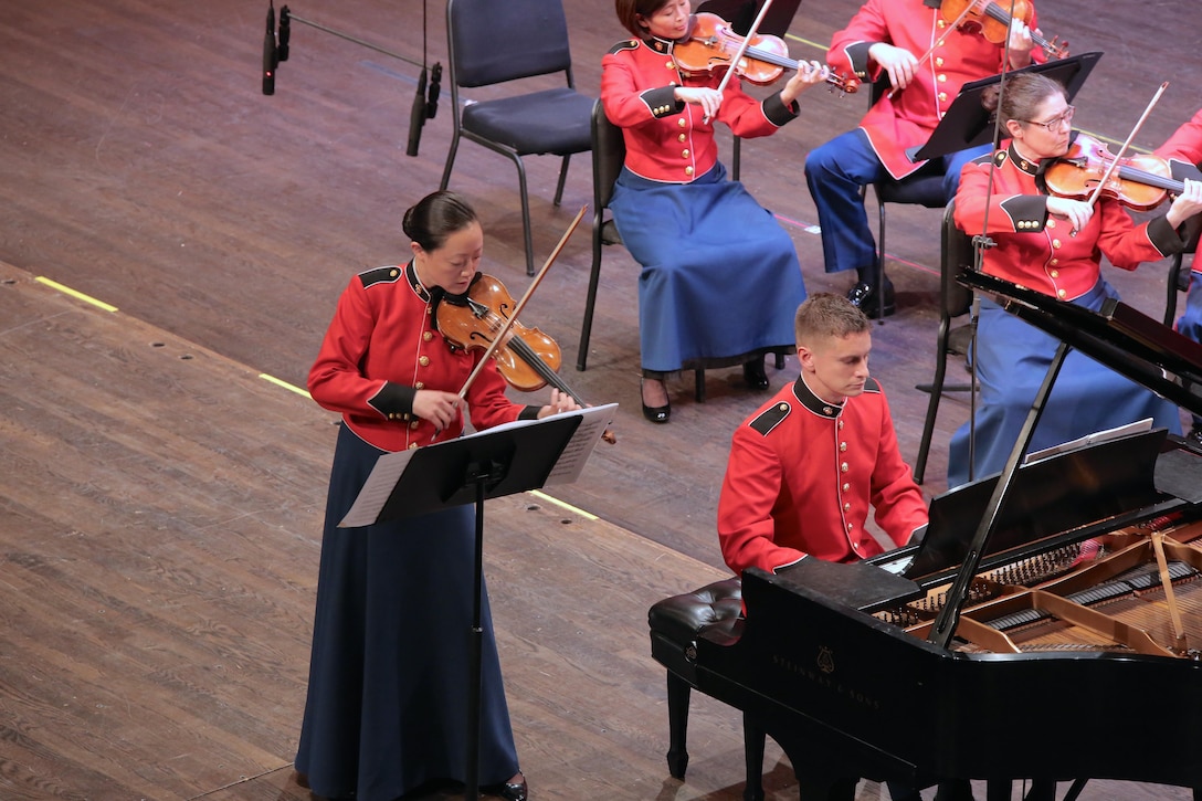 On June 20, 2015, the Marine Chamber Orchestra performed at the Rachel M. Schlesinger Concert Hall in Alexandria, Va. The program included Einojuhani Rautavaara’s An Epitaph for Béla Bartók, Felix Mendelssohn’s Concerto for Violin and Piano in D minor, and Béla Bartók’s Divertimento for String Orchestra. (U.S. Marine Corps photo by Gunnery Sgt. Amanda Simmons/released)