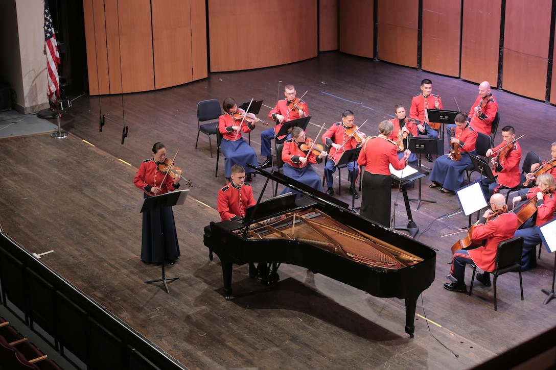On June 20, 2015, the Marine Chamber Orchestra performed at the Rachel M. Schlesinger Concert Hall in Alexandria, Va. The program included Einojuhani Rautavaara’s An Epitaph for Béla Bartók, Felix Mendelssohn’s Concerto for Violin and Piano in D minor, and Béla Bartók’s Divertimento for String Orchestra. (U.S. Marine Corps photo by Gunnery Sgt. Amanda Simmons/released)