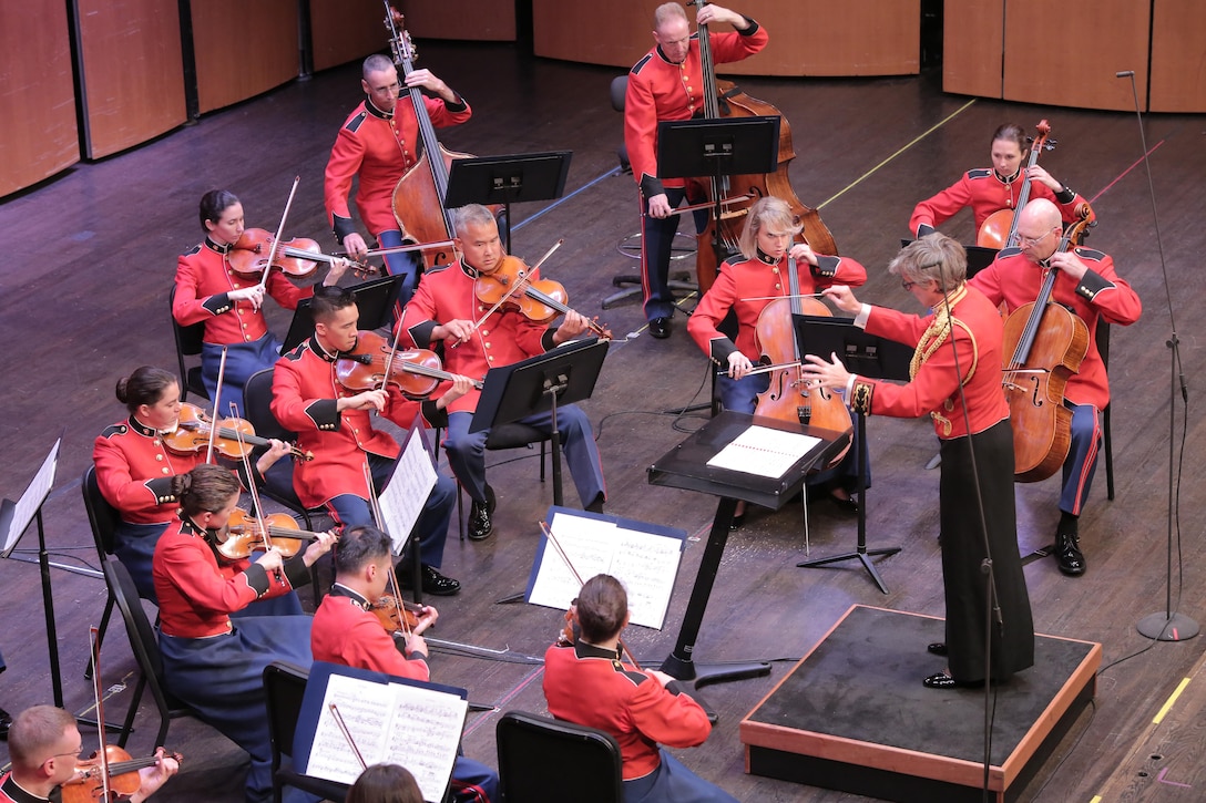 On June 20, 2015, the Marine Chamber Orchestra performed at the Rachel M. Schlesinger Concert Hall in Alexandria, Va. The program included Einojuhani Rautavaara’s An Epitaph for Béla Bartók, Felix Mendelssohn’s Concerto for Violin and Piano in D minor, and Béla Bartók’s Divertimento for String Orchestra. (U.S. Marine Corps photo by Gunnery Sgt. Amanda Simmons/released)