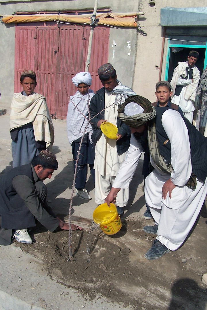 Qarabagh District subgovernor Muhibullah Ekhpelwak waters a newly planted fruit tree at the bazaar in Qarabagh District, March 27, 2011. Within a two-week period at the end of March, more than 28,000 trees were planted throughout Ghazni in an initiative facilitated by Texas Army National Guard Ghazni Agribusiness Development Team-IV and the Ghazni Director of Agriculture, Irrigation, and Livestock.