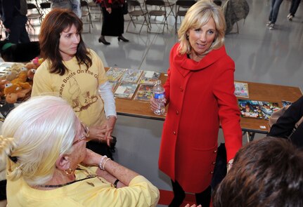 Dr. Jill Biden, wife of Vice President Joe Biden, meets with attendees and
Guard members of the Delaware Air National Guard’s 166th Airlift Wing’s call
to arms ceremony. The 166th is scheduled to deploy to Afghanistan and
Southeast Asia to provide logistical and aeromedical evacuation support to
Soldiers and Marines in support of Operations Enduring Freedom and New Dawn.