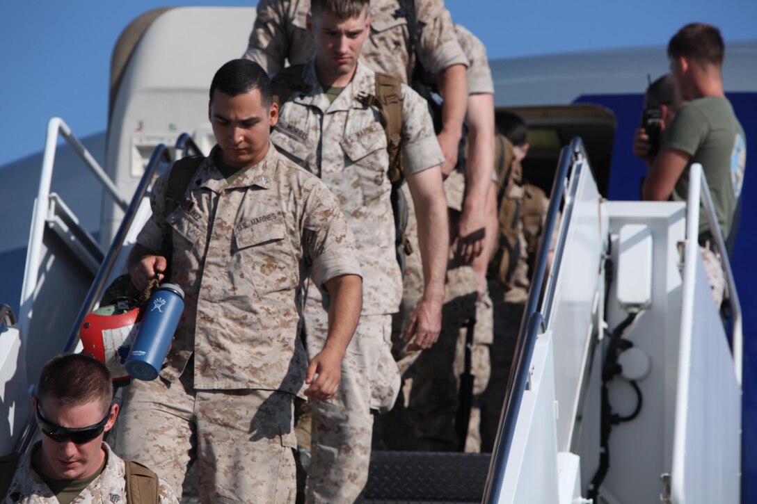 Marines with the 24th Marine Expeditionary Unit return to Marine Corps
 Air Station Cherry Point, N.C., after completing a seven month
 deployment, June 21, 2015. The advance party, commonly known as ADVON,
 is a contingent of Marines and Sailors from the 24th MEU tasked with
 preparing for the arrival of the remainder of the force later this
 summer.  The 24th MEU is embarked aboard the ships of the Iwo Jima
 Amphibious Ready Group and deployed to maintain regional security in
 the U.S. 5th and 6th Fleet areas of operations.