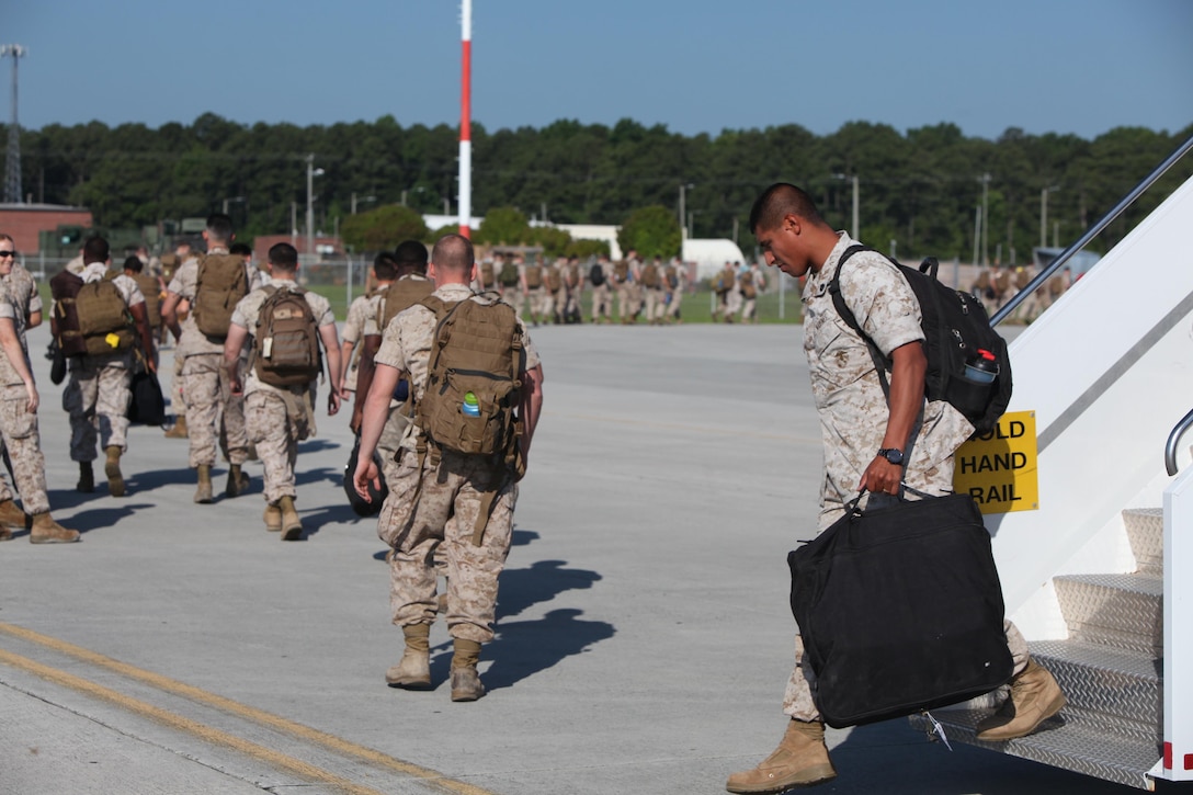 Marines with the 24th Marine Expeditionary Unit return to Marine Corps
 Air Station Cherry Point, N.C., after completing a seven month
 deployment, June 21, 2015. The advance party, commonly known as ADVON,
 is a contingent of Marines and Sailors from the 24th MEU tasked with
 preparing for the arrival of the remainder of the force later this
 summer.  The 24th MEU is embarked aboard the ships of the Iwo Jima
 Amphibious Ready Group and deployed to maintain regional security in
 the U.S. 5th and 6th Fleet areas of operations.