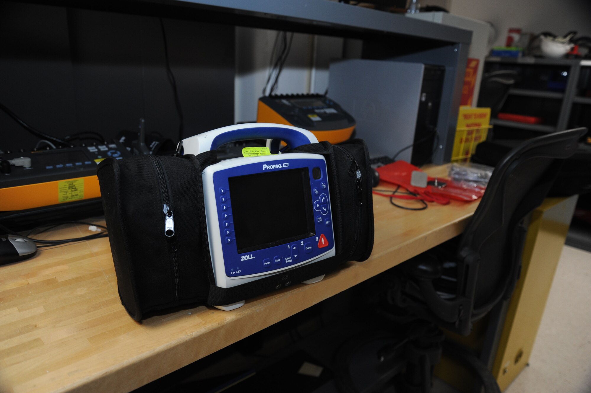 A defibrillator sits in its ideal working state following maintenance June 18, 2015, at Fairchild Air Force Base, Wash. The 92nd Medical Support Squadron medical maintenance office is tasked with keeping all medical devices on base certified and in proper working condition. (U.S. Air Force photo/Senior Airman Sam Fogleman)