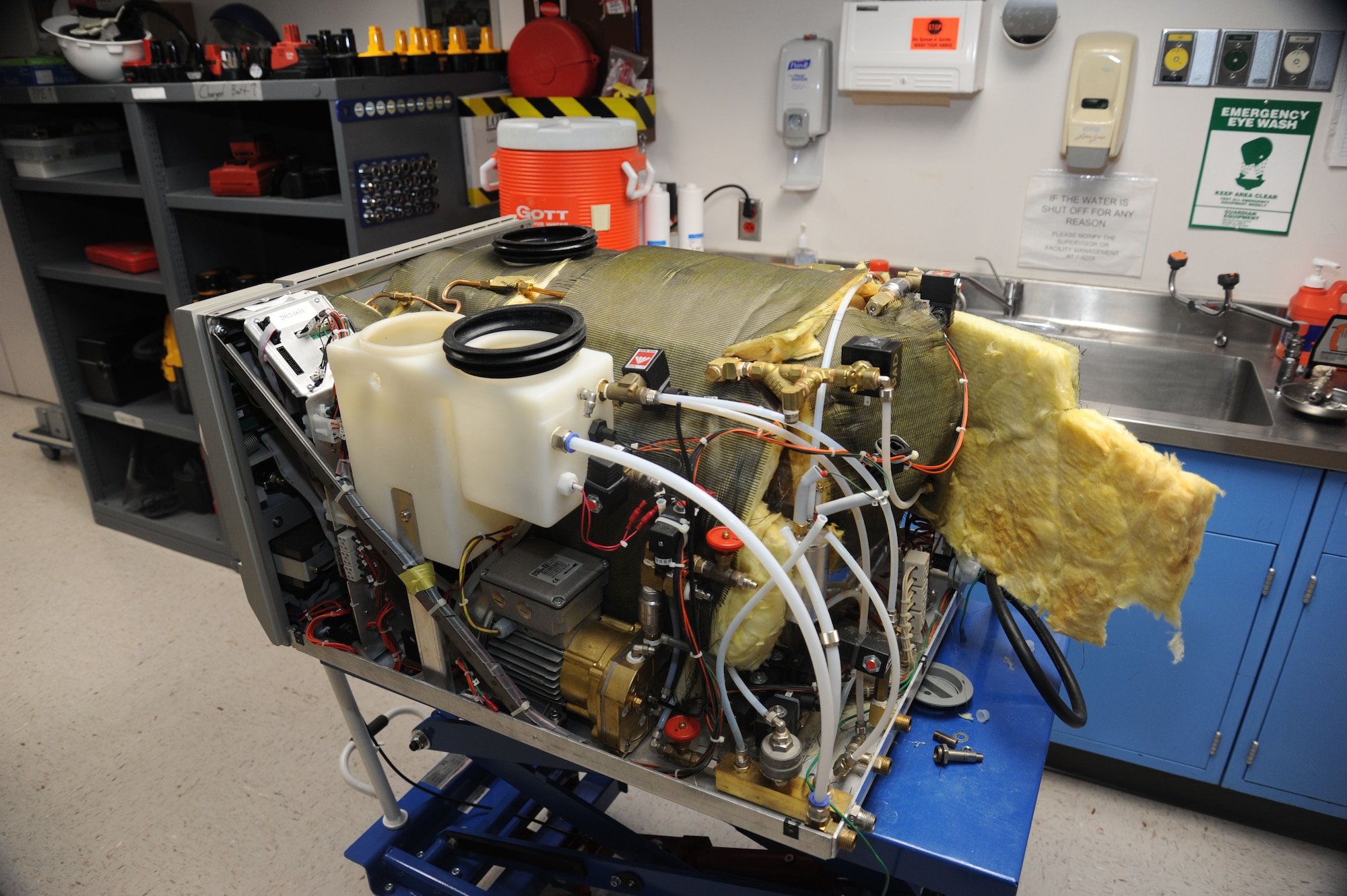 A dental sterilizer awaits replacement of its outer wall June 18, 2015, at Fairchild Air Force Base, Wash. The 92nd Medical Support Squadron medical maintenance office keeps this sterilizer on hand for testing and reference purposes. (U.S. Air Force photo/Senior Airman Sam Fogleman)