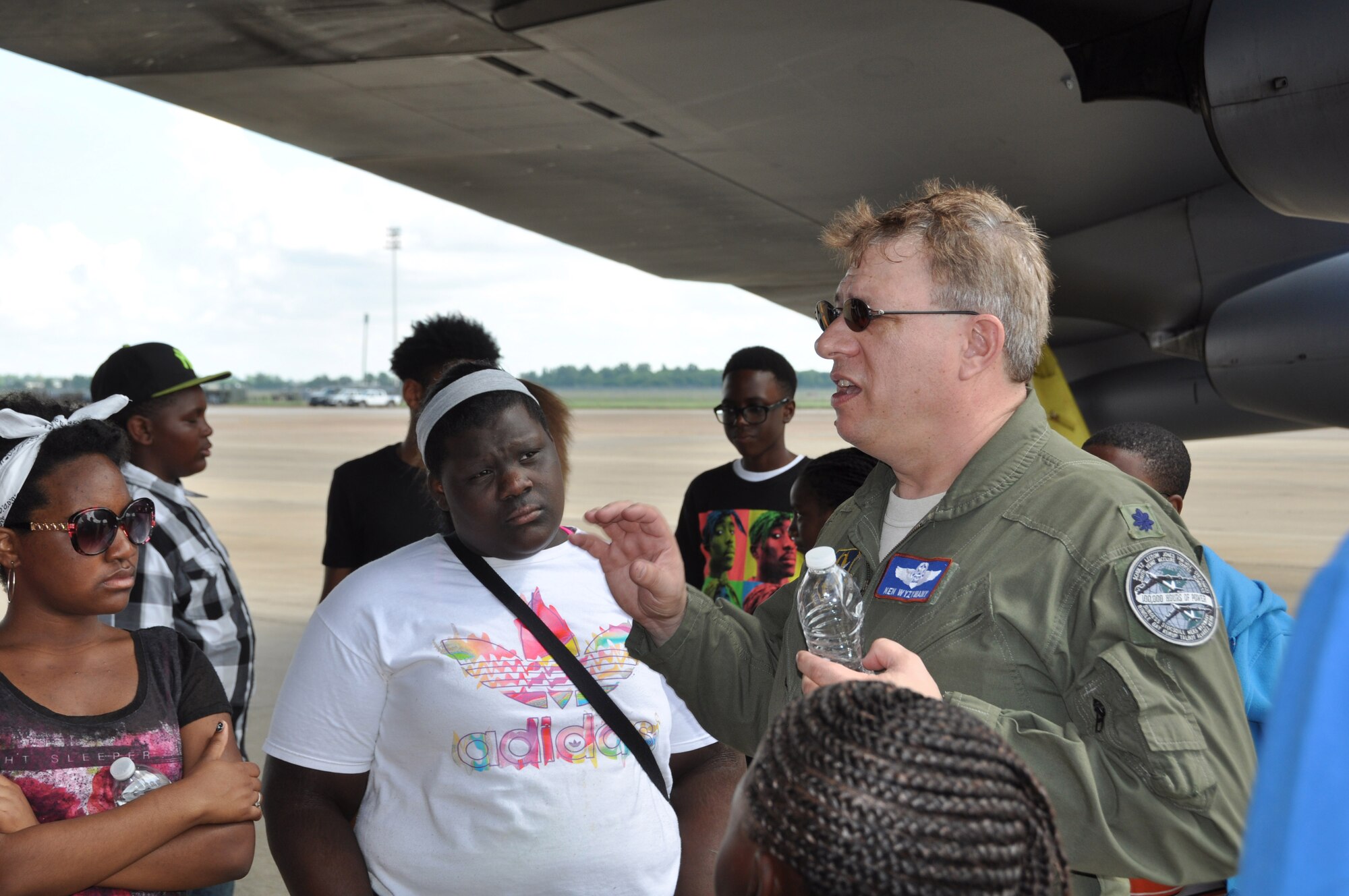 Youths from the Central Tri Community Youth Program in Minden, La. asked U.S. Air Force Lt. Col. Kenneth Wyzywany, of the 307th Operations Group, questions about the B-52 Stratafortress on Barksdale Air Force Base, La., June 12, 2015. After the in-depth tour of the B-52, the group was able to see the static display aircraft of the Barksdale Global Power Museum. (U.S. Air Force photo by Master Sgt. Laura Siebert/Released)