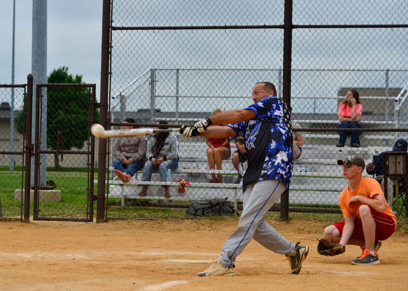 Kenneth Bancroft, 436th Security Force Squadron player-coach, hits a softball during an intramural softball game June 17, 2015, at the softball field on Dover Air Force Base, Del. Bancroft is the new coach for the 436th SFS and hopes to lead his team to another championship. (U.S. Air Force photo/Airman 1st Class William Johnson)