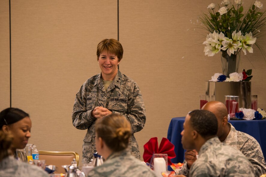 Maj. Gen. Dorothy A. Hogg, Assistant Air Force Surgeon General, Medical Force Development and Chief of the Nurse Corps, laughs with Airmen during breakfast June 18, 2015, at Moody Air Force Base, Ga. Hogg was able to get to know Airmen while answering questions on topics ranging from healthcare changes to physical training test standards. (U.S. Air Force photo by Airman 1st Class Ceaira Tinsley/Released)