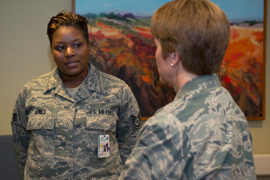 U.S. Air Force Staff Sgt. Ariel Jones, left, 23d Medical Group family health technician, explains her job to Maj. Gen. Dorothy A. Hogg, Assistant Air Force Surgeon General, Medical Force Development and Chief of the Nurse Corps, June 18, 2015, at Moody Air Force Base, Ga. Hogg toured the 23d MDG to gain insight on the clinic’s day-to-day operations. (U.S. Air Force photo By Airman 1st Class Kathleen D. Bryant/Released)