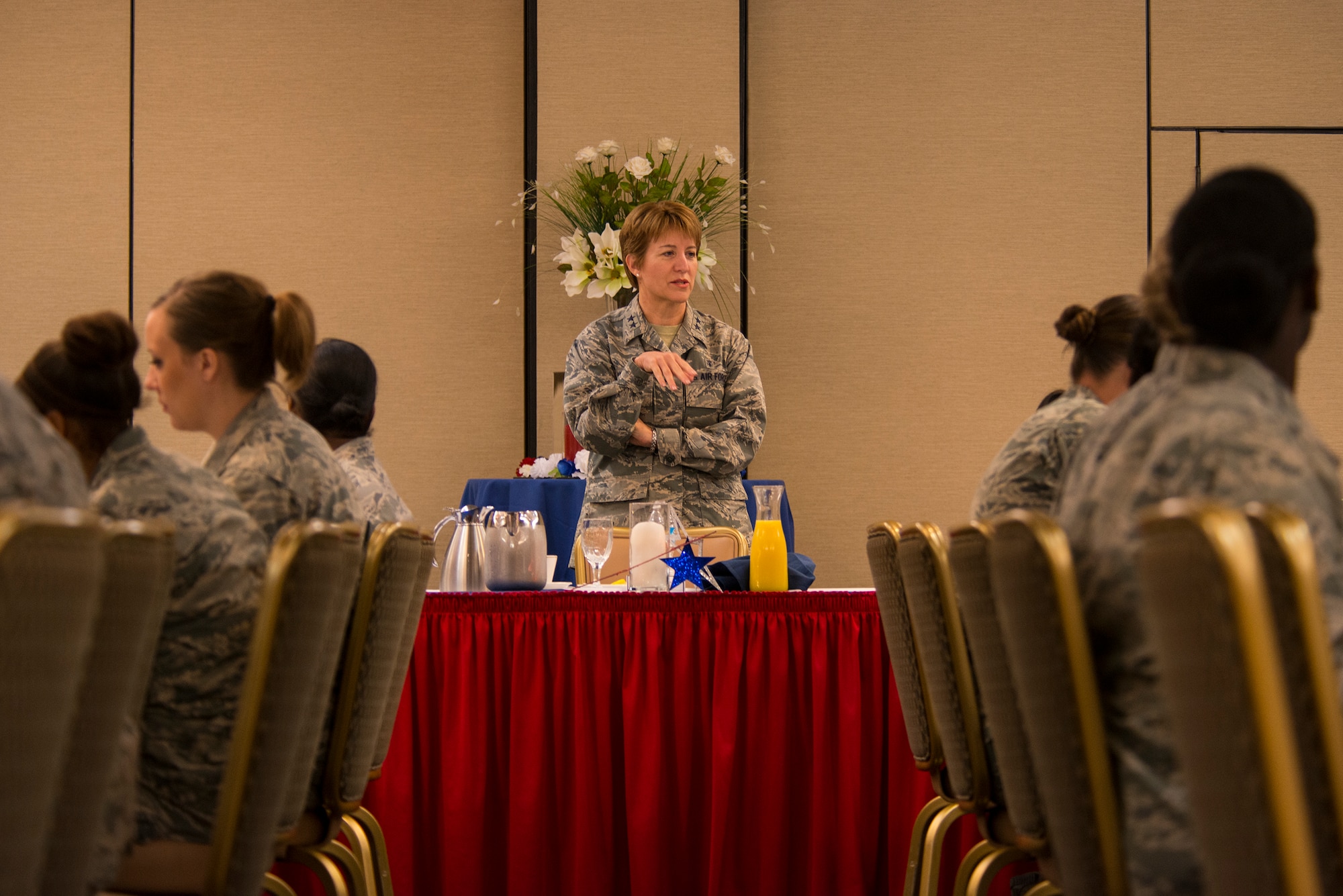 Maj. Gen. Dorothy A. Hogg, Assistant Air Force Surgeon General, Medical Force Development and Chief of the Nurse Corps, addresses Airmen during her visit June 18, 2015, at Moody Air Force Base, Ga. Hogg advised Airman about career progression in the medical field and different programs the Air Force offers to assist them. (U.S. Air Force photo by Airman 1st Class Ceaira Tinsley/Released)