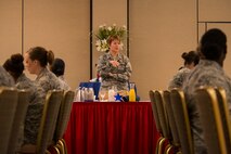 Maj. Gen. Dorothy A. Hogg, Assistant Air Force Surgeon General, Medical Force Development and Chief of the Nurse Corps, addresses Airmen during her visit June 18, 2015, at Moody Air Force Base, Ga. Hogg advised Airman about career progression in the medical field and different programs the Air Force offers to assist them. (U.S. Air Force photo by Airman 1st Class Ceaira Tinsley/Released)