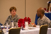 Maj. Gen. Dorothy A. Hogg, Assistant Air Force Surgeon General, Medical Force Development and Chief of the Nurse Corps, talks to Staff Sgt. Malcolm Sharpe, 23d Medical Operations Squadron mental health NCO in charge of Alcohol and Drug Abuse Prevention and Treatment Program, during breakfast June 18, 2015, at Moody Air Force Base, Ga. Hogg hosted an enlisted all call for the 23d Medical Group to get to know Airmen, listen to their concerns and give solutions to their problems. (U.S. Air Force photo by Airman 1st Class Ceaira Tinsley/Released)