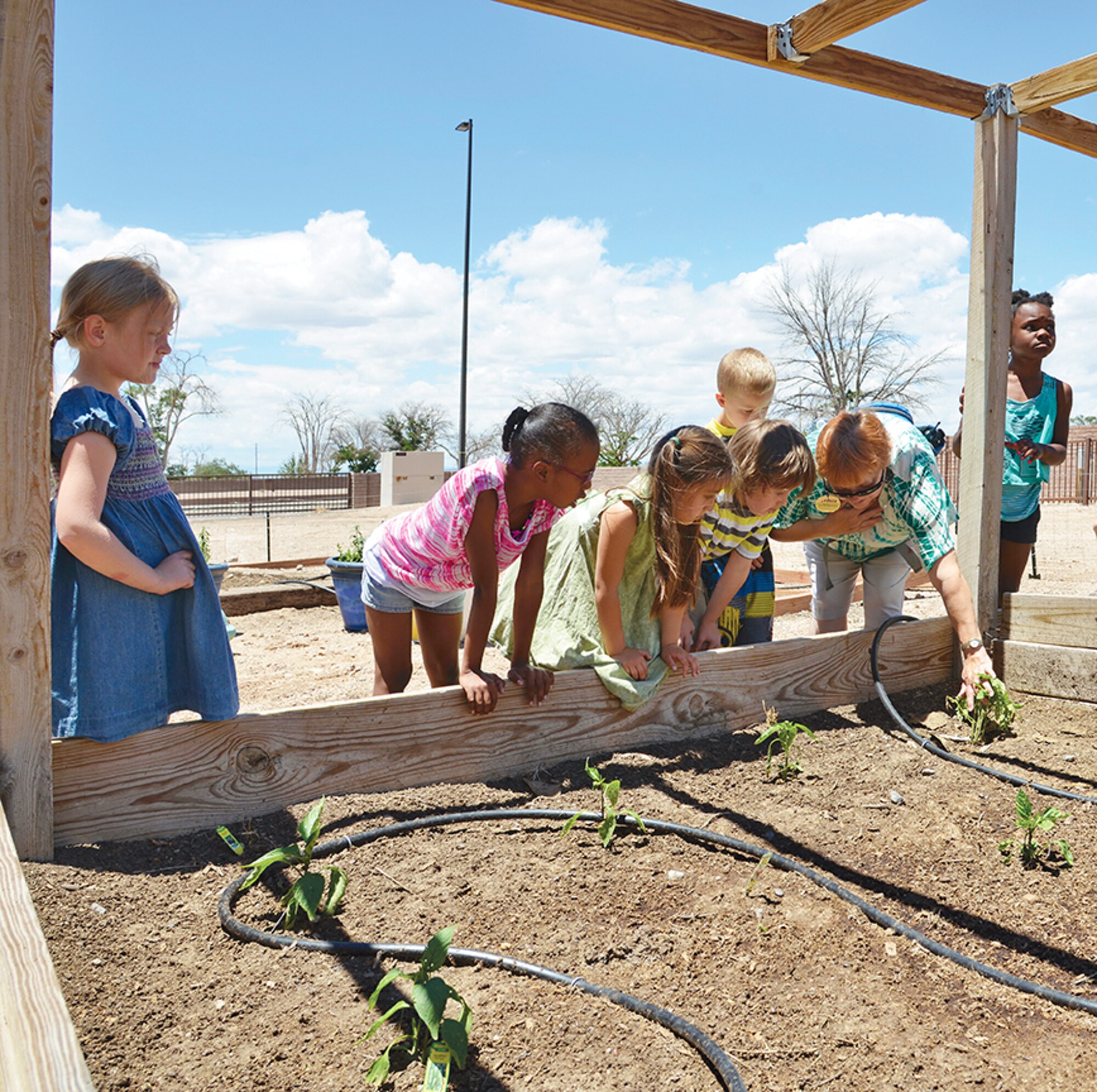 Jean Sucher, far right, teaches the students about the plants in the Youth Center garden.  The Youth Center is giving young folks at Kirtland a good foundation in gardening through the center’s Garden Club. (Photo by Jamie Burnett)
