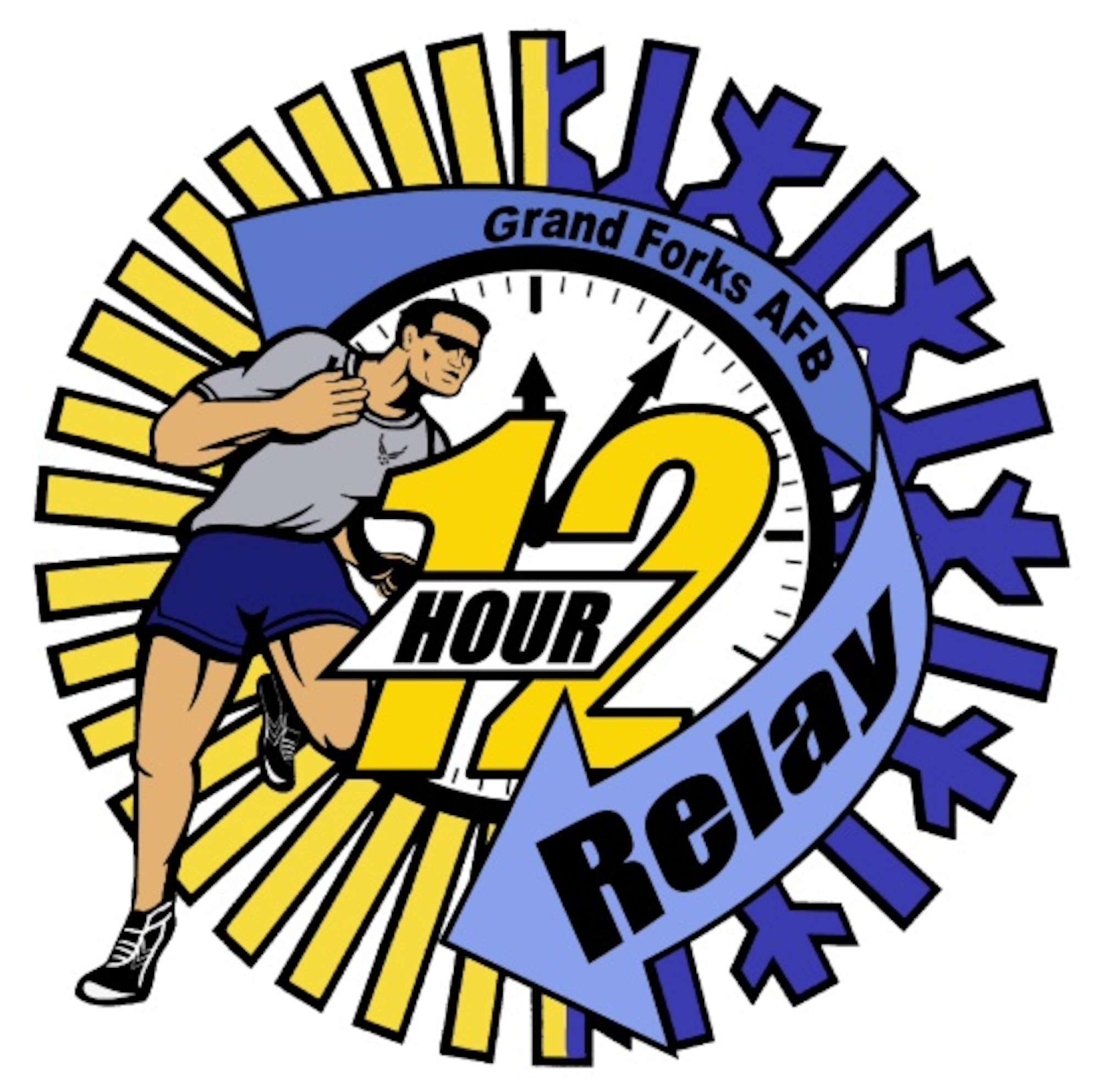 Grand Forks AFB 12-Hour Relay logo in full RGB color created using Adobe InDesign and Photoshop CS4. Commercial reproduction of this emblem is not permitted without the permission of the proponent organization and or head of Air Force Sergeants' Association, Chapter 964. AFSA is a non-profit, professional military organization on Grand Forks Air Force Base, N.D. (Graphic by Staff Sgt. Luis Loza Gutierrez)