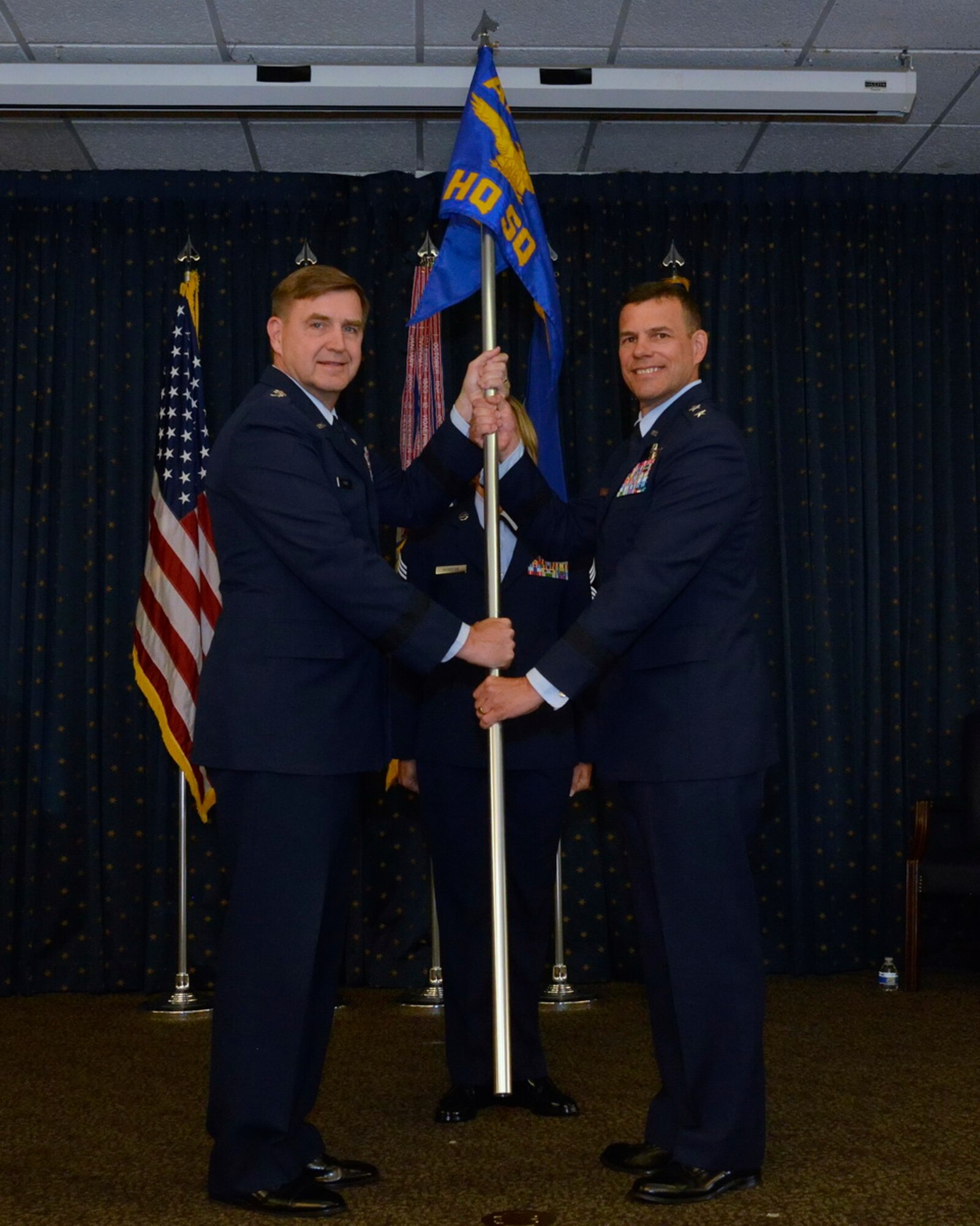 Air Force Assistant Vice Chief of Staff Lt. Gen. Stephen L. Hoog officiates the assumption of command of Air Force Operational Test and Evaluation Commander Maj. Gen. Matthew H. Molloy at Kirtland Air Force Base, N.M., on June 18, 2015. (U.S. Air Force photo/Jamie M. Burnett)