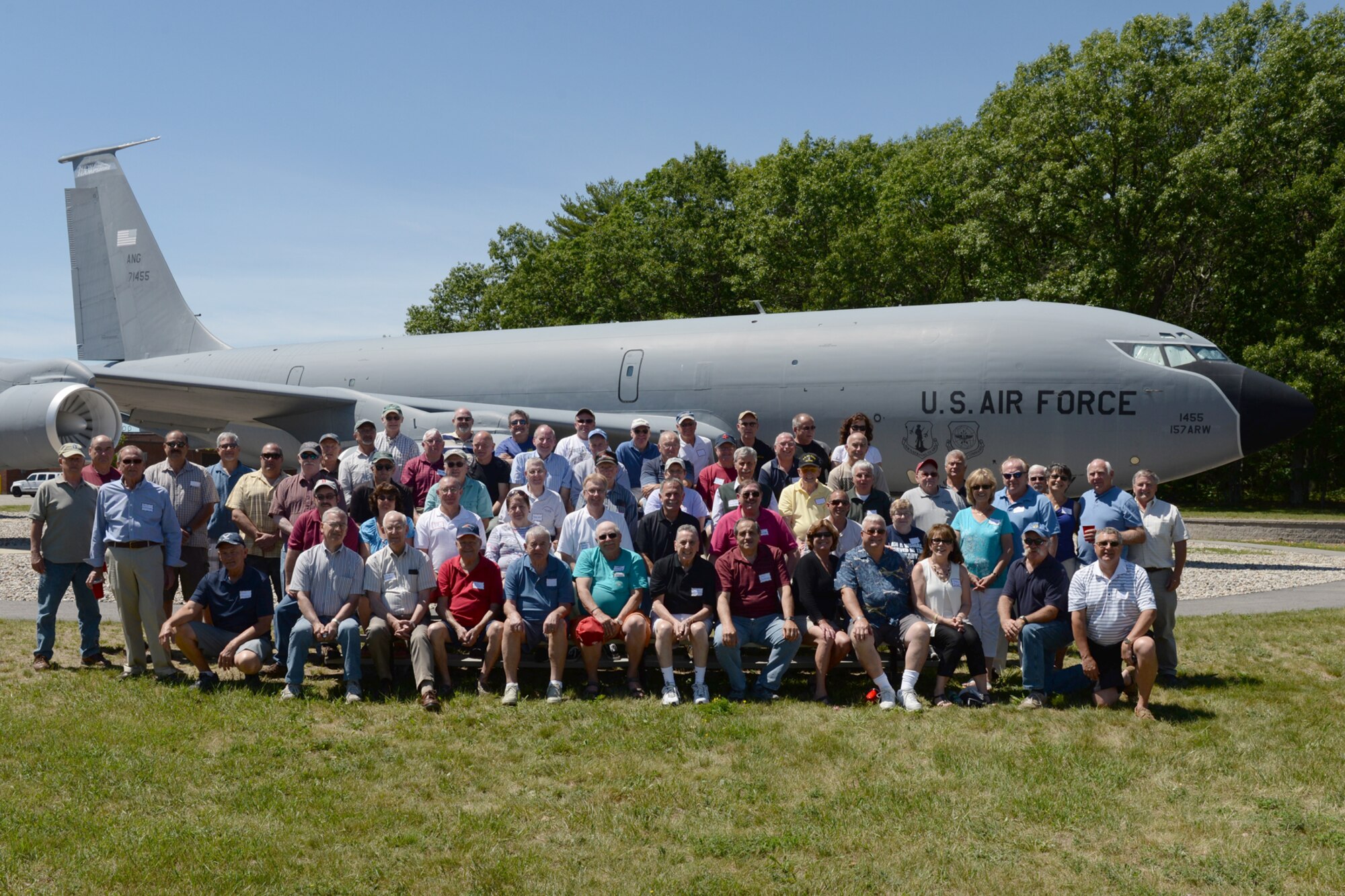 Former members of the 157th Air Refueling Wing pose for a photograph in front of the KC-135 Stratotanker static display during the Annual Retiree Day on June 17, 2015 at Pease Air National Guard Base, N.H.  (U.S. Air National Guard photo by Staff Sgt. Curtis J. Lenz)