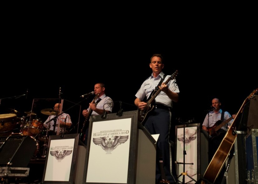 Master Sgt Jerry Birkenmeier, guitarist for the Air Force Heartland of America Band, Vortex, performs at Minot State University, Minot, N.D., June 16, 2015. The Heartland of America Band Vortex performed at MSU as a tribute of their appreciation to the city of Minot. (U.S. Air Force photo/Airman 1st Class Christian Sullivan)