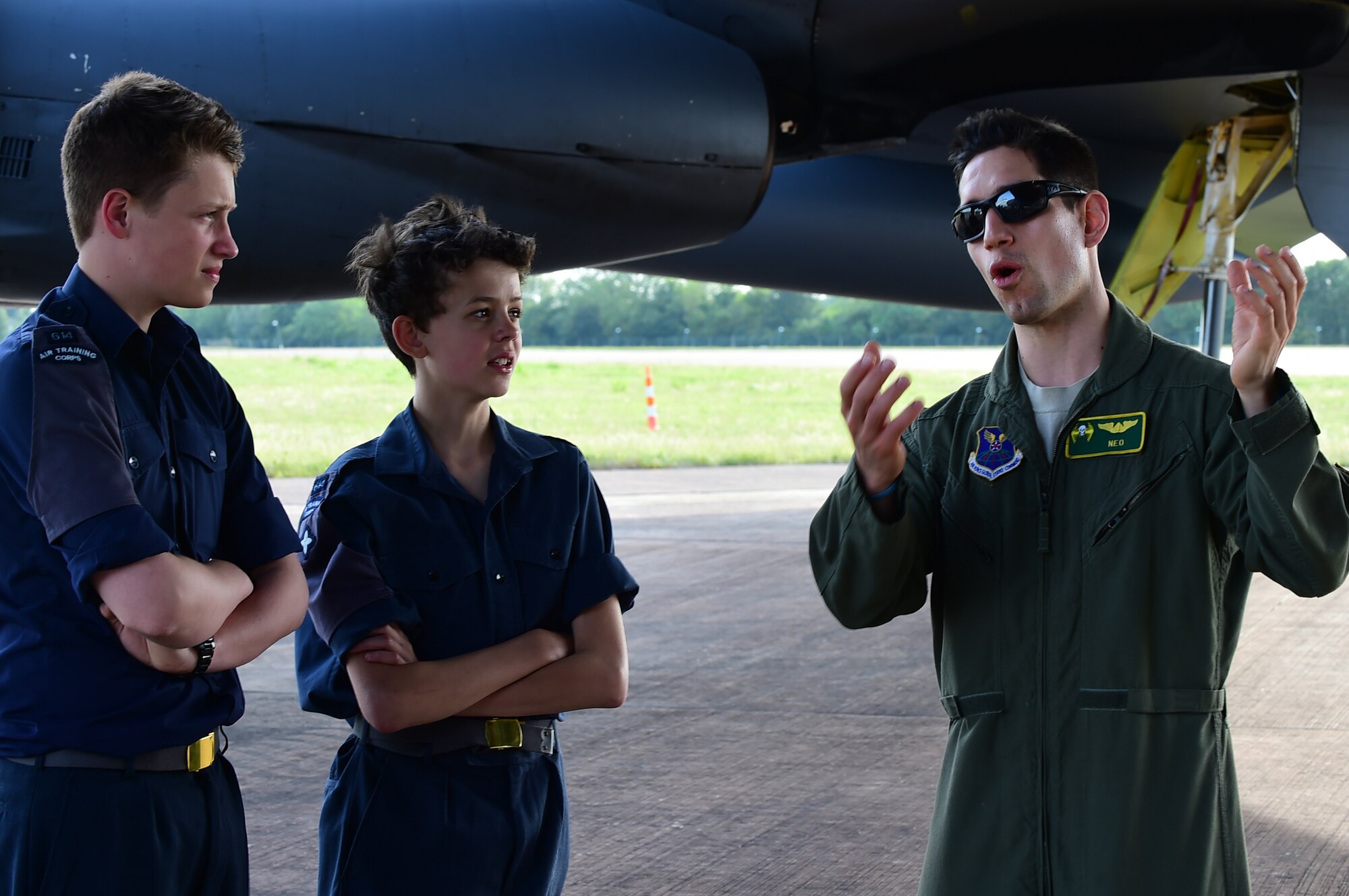 U.S. Air Force Capt. Nicholas Kamon, 5th Operations Group, Minot Air Force Base, N.D., tells local air cadets about the B-52H Stratofortess, during their tour at RAF Fairford, United Kingdom, June 16, 2015. The Air Cadets were invited onto RAF Fairford to get a close up look and a chance to ask the crew questions about the aircraft. (U.S. Air Force photo by Tech. Sgt. Chrissy Best)