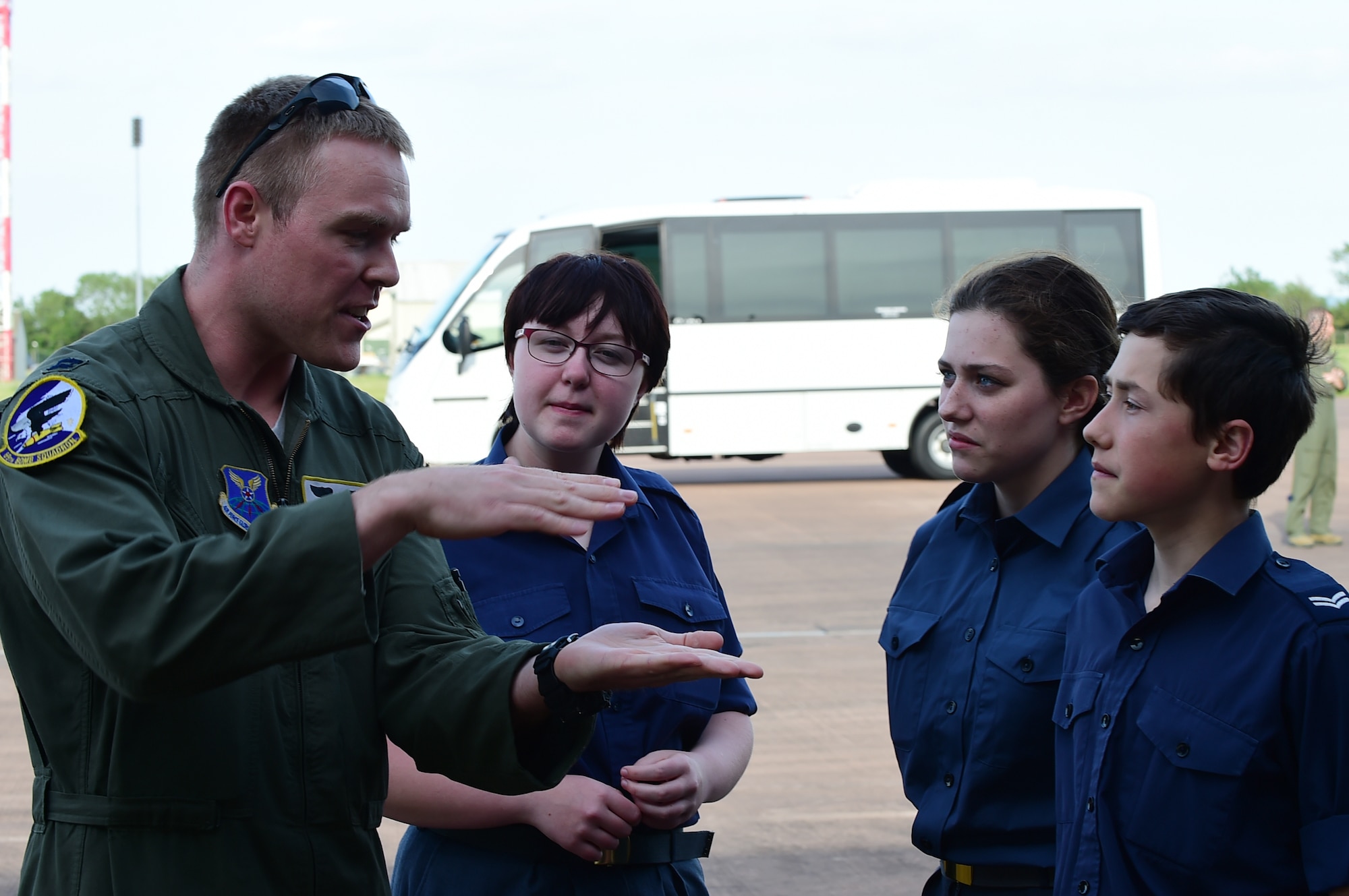 U.S. Air Force Capt. Tobin Bolton, 69th Bomber Squadron, Minot Air Force Base, N.D., tells local air cadets about the B-52H Stratofortess, during their tour at RAF Fairford, United Kingdom, June 16, 2015. The B-52H along with approximately 330 personnel are forward-deployed to RAF Fairford, which is strategically located with proximity to RAF Welford (a large munitions storage site) and approximately 10,000-foot runway, unique and versatile capability and an ideal training area for large-scale exercises such as support for the BALTOPS 15 and SABER STRIKE 15 exercises. (U.S. Air Force photo by Tech. Sgt. Chrissy Best)