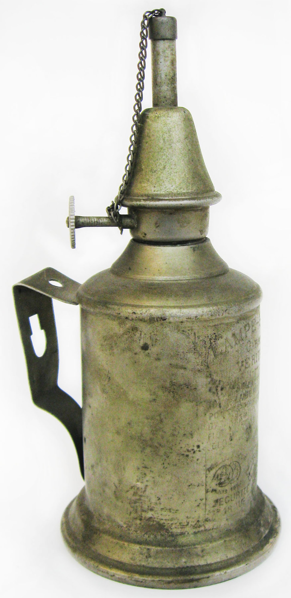 This kerosene lamp was used during World War I by Sgt. 1st Class A.B. Curran of the 103rd Aero Squadron, American Expeditionary Force, Air Service. This lamp was manufactured to burn mineral spirits but could also burn kerosene. Curran used kerosene to fuel this lamp as the supply of mineral spirits was limited during the war. (U.S. Air Force photo)