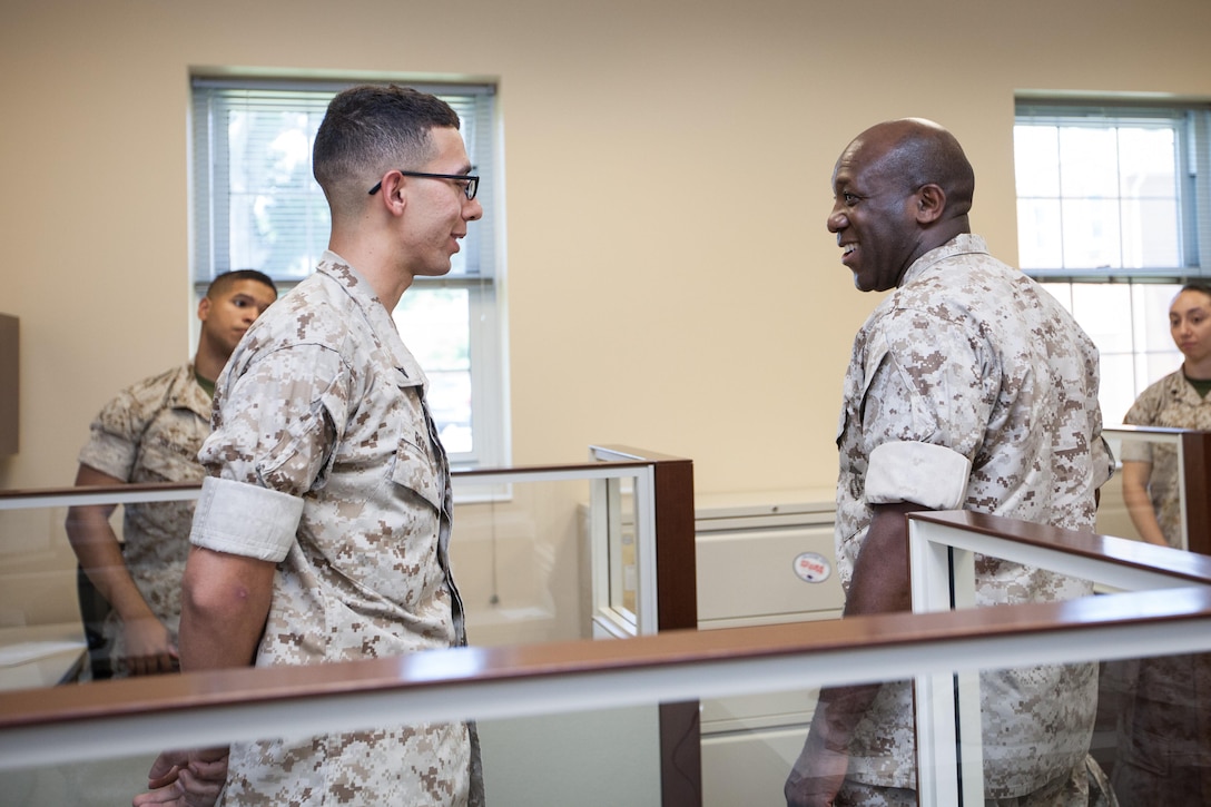 Sgt. Maj. Ronald L. Green, the 18th Sergeant Major of the Marine Corps, visits and speaks to Marines assigned to The Basic School and the Officer Canidate School aboard Marine Corps Base Quantico, Va., June 22, 2015. (U.S. Marine Corps photo by Sgt. Melissa Marnell/Released)