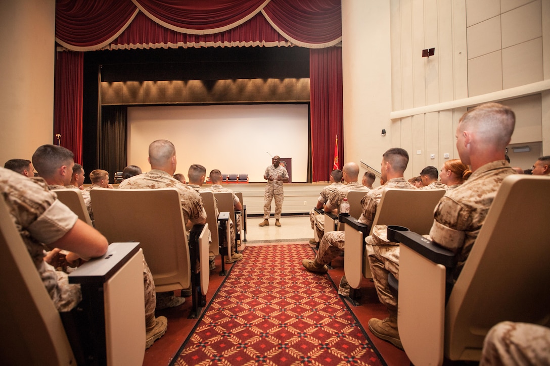 Sgt. Maj. Ronald L. Green, the 18th Sergeant Major of the Marine Corps, visits and speaks to Marines assigned to The Basic School and the Officer Canidate School aboard Marine Corps Base Quantico, Va., June 22, 2015. (U.S. Marine Corps photo by Sgt. Melissa Marnell/Released)