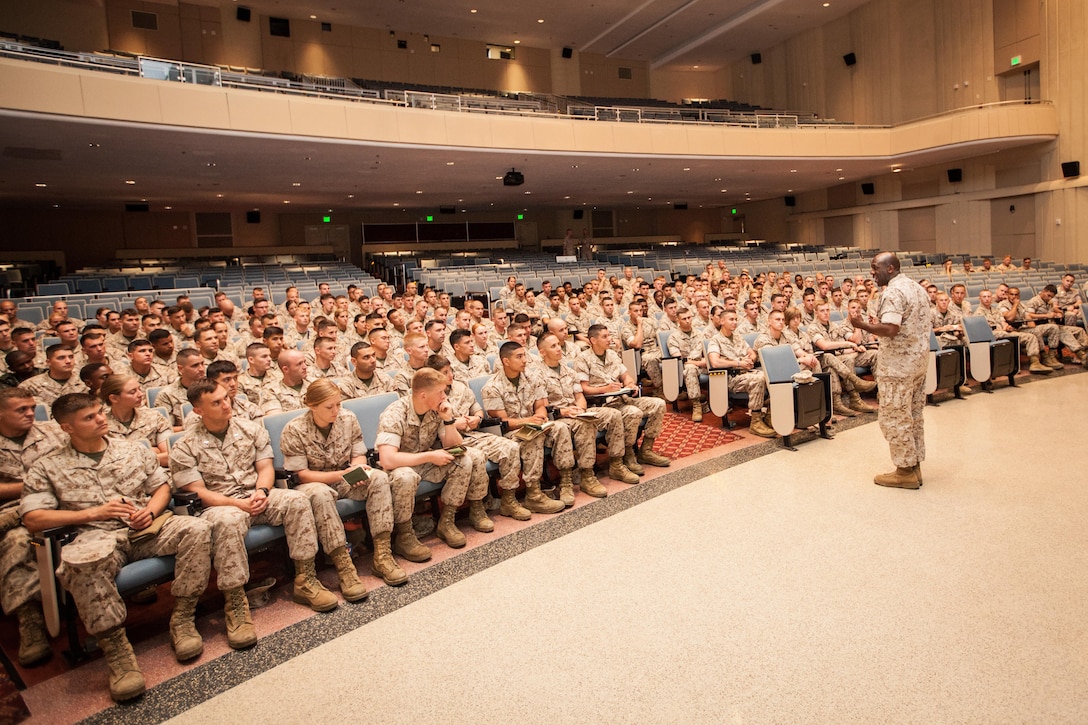 Sgt. Maj. Ronald L. Green, the 18th Sergeant Major of the Marine Corps, visits and speaks to Marines assigned to The Basic School and the Officer Canidate School aboard Marine Corps Base Quantico, Va., June 22, 2015. (U.S. Marine Corps photo by Sgt. Melissa Marnell/Released)