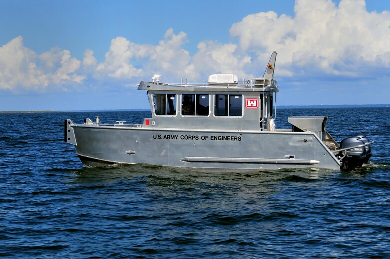 urvey Vessel BUXBAUM specifications:
Length: 25 feet, 11 inches
Beam: 9 feet, 6 inches
Draft: 22 inches
Top Speed: 30 knots (35 MPH)
Equipment: (2) Yamaha 150 hp outboard engines; (1) Honda EU 6500is generator; bow-mounted Teledyne Reson SeaBat 7125 High Resolution Multibeam System; Optech Ilris vessel-mounted LIDAR system
Crew: Survey Technician and Small Craft Operator