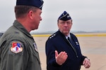 Lt. Gen. Charles E. Stenner Jr., the chief of Air Force Reserve and commander, Air Force Reserve Command speaks with Air Force Brig. Gen. Stephen Cotter, assistant adjutant general for air, Missouri National Guard, at Rosecrans Air National Guard Base, Mo., April 18, 2011.