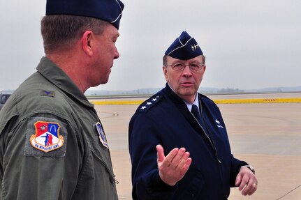 Lt. Gen. Charles E. Stenner Jr., the chief of Air Force Reserve and commander, Air Force Reserve Command speaks with Air Force Brig. Gen. Stephen Cotter, assistant adjutant general for air, Missouri National Guard, at Rosecrans Air National Guard Base, Mo., April 18, 2011.