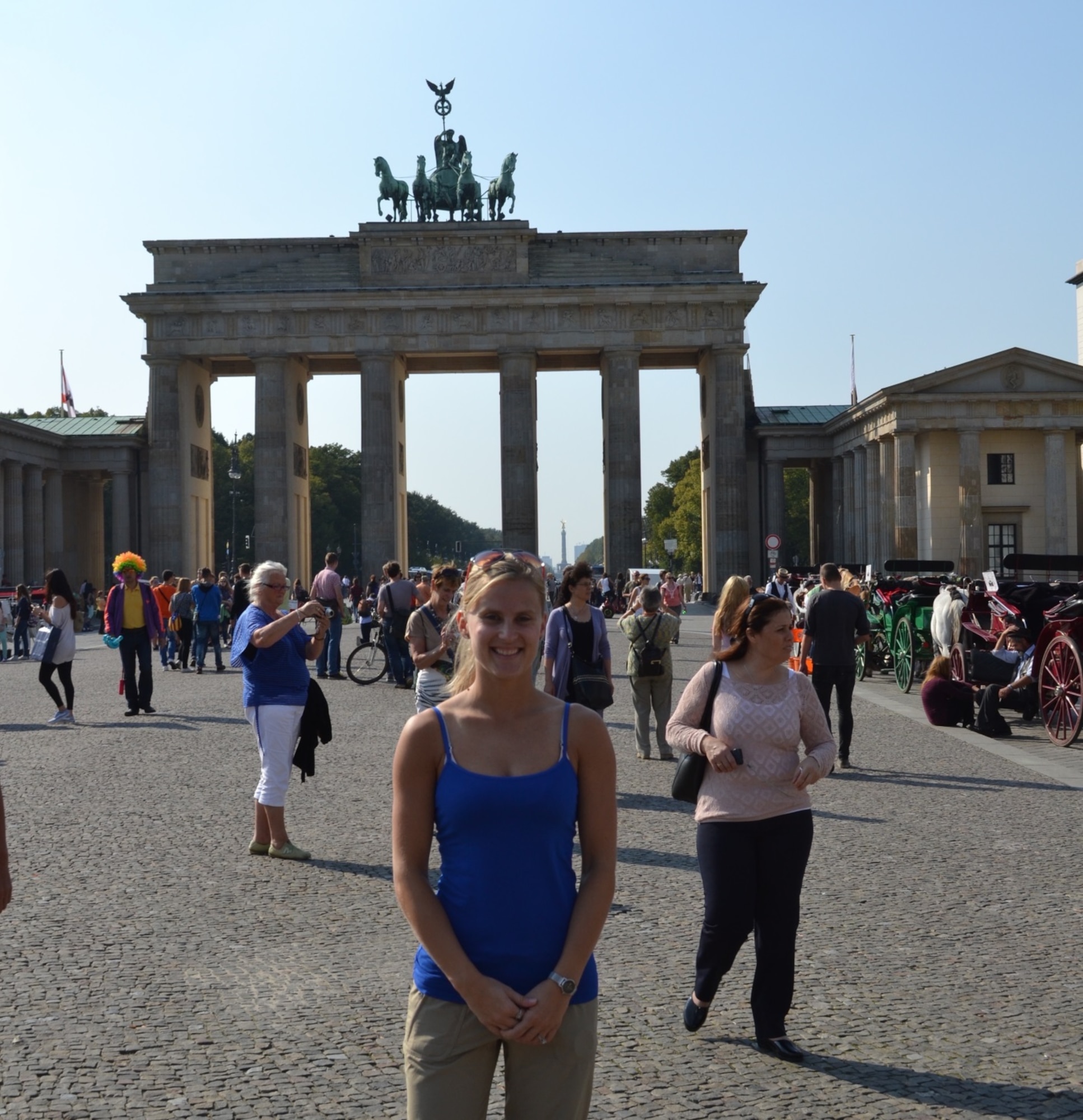 Capt. Sandra Mueller, Task Force 214 of and , in front of the Brandenburg Gate in Berlin, Germany. Mueller’s journey to become an officer in the U.S. Air Force began as a child in Germany and reached fruition with her commissioning in May 2008. (Courtesy photo /Released)